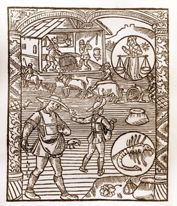 Herderkalender - De Arbeid van de Maanden - September - Houtsnede uit het boek van 1496 gedrukt door Guy Marchant (Guido Mercator) in Troyes - Op de voorgrond, boeren zaaien uit de hand - Houtsnede in 