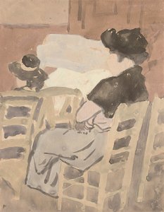 Een vrouw en een jong meisje in een kerkinterieur door Gwen John