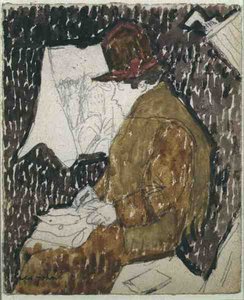 Profiel van een vrouw in een treinwagon door Gwen John