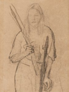 Staand Meisje met houten paal in haar hand door Gwen John
