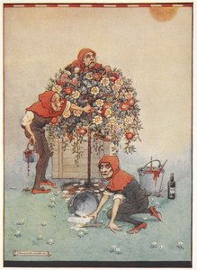 De tuinmannen van de Hartenkoningin schilderen de rozen van wit naar rood, uit Alice in Wonderland door Gwynedd M. Hudson