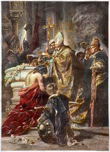 De Doop van Sint Stefanus (ca. 970-1038), Heilige en Eerste koning van Hongarije - gedoopt door Sint Adalbert van Praag. Naar een werk van Gyula Benczur - De Hongaarse prins Vajk wordt gedoopt door Sint Adalbert van Praag en neemt de naam Stefanus aan (Sin door Gyula Benczúr