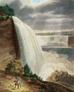Niagara Falls, deel van de Amerikaanse waterval vanaf de voet van de trap, gegraveerd door J. Hill, uitgegeven door H.L. Megarcy (kleurengraving)
