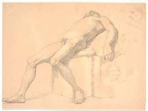 Studie van mannelijke, naakte, achteroverleunende model. Rechts twee portretkoppen, een mogelijk Constantin Hansen