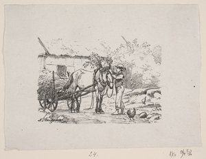 Een jongen versiert een paardentuig met groene takken door H. C. Henneberg