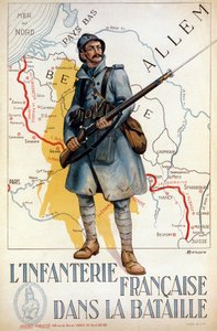 Franse infanterie in gevecht (de rode lijn vertegenwoordigt de Hindenburglinie) - ill. door H. Delaspre door H. Delaspre