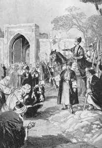 Bokhara opent zijn Poort voor de Mongool Ogodai Khan, AD 1231 door H. M. (after) Burton