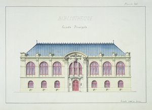 Hoofdfaçade van een Bibliotheek, plaat XII uit een folio van ontwerpen, ca. 1870 door H. Monnot