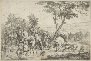 Boeren steken een beek over met hun kudde