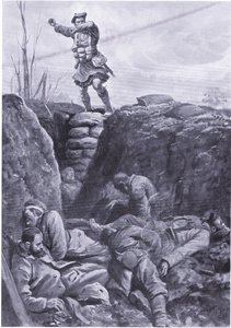 Soldaat Brown (Gordon Highlander) bombardeert de vijand in een Duitse loopgraaf vanaf de top van een barricade door H. Ripperger
