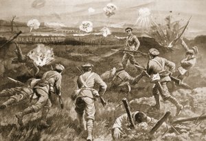 Sergeant H. Wells leidt een peloton naar de Duitse prikkeldraadversperringen nadat zijn officier was gedood door H. Ripperger