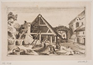 Stadsinterieur met schuur en de geboorte van Jezus