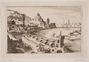 Rivierbank met oosterse stad door H. Rosenkilde
