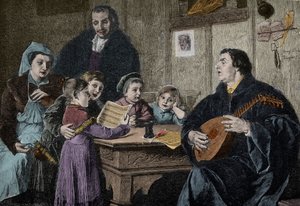 Maarten Luther (1483-1546) te midden van zijn familie (gravure naar H Stelzner) door H. Stelzner