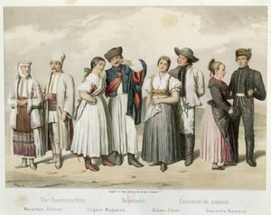 Kostuums van boeren uit (L naar R) Roemenië, Hongarije, Slowakije en Duitsland, uit 