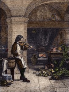 Jean Baptiste Lully (Giovanni Battista Lulli) (1632-1687), Franse componist, toen galopin of marmiton door Mademoiselle de Montpensier. Gravure door T. Meyer-Heine naar een tekening van Hippolyte de La Charlerie (1827-1867).