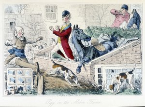 Gevecht tussen een boer en een jager. Engelse karikatuur over de vossenjacht uit de "avonturen van Thomas Scott of Hawbuck Grange", illustratie door H.K. Browne en W.T. Maud. door Hablot Knight Browne
