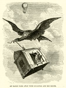Een adelaar vliegt weg met Gulliver en zijn huis door after Hablot Knight Browne