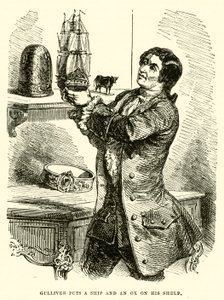 Gulliver zet een schip en een os op zijn plank (gravure) door after Hablot Knight Browne