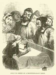 Gulliver paradeert op een Brobdingnagische tafel (gravure) door after Hablot Knight Browne