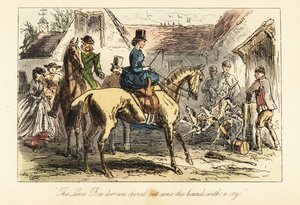 Jagers en vrouwen kijken naar de vossenhonden die uit een hok worden gelaten voor een jacht door after Hablot Knight Browne