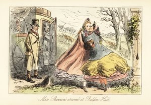 Dames in crinolines omhelzen elkaar voor een poort