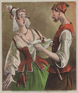 De vrouw van de boer van Brobdingnag is geschrokken bij het zien van Gulliver (kleur litho)