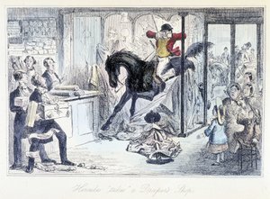 Paardenjager die per ongeluk een stoffenwinkel binnenkomt. Engelse cartoon over jagen uit "avonturen van Thomas Scott of Hawbuck Grange" illustratie door H.K. Browne en W.T. Maud. door Hablot Knight Browne