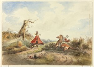 Paard met ruiter die schrikt van vrouw met hond