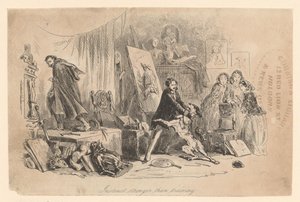 In zijn atelier houdt Henry Gowan zijn hond in bedwang, die zojuist de crimineel Rigaud heeft herkend door Hablot Knight Browne