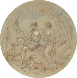 Een van achttien ontwerpen voor een serie platen die Venus en Adonis illustreren door Hablot Knight Browne