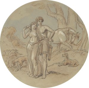 Een van achttien ontwerpen voor een serie platen die Venus en Adonis illustreren door Hablot Knight Browne