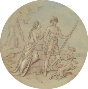 Een van achttien ontwerpen voor een serie platen die Venus en Adonis illustreren door Hablot Knight Browne