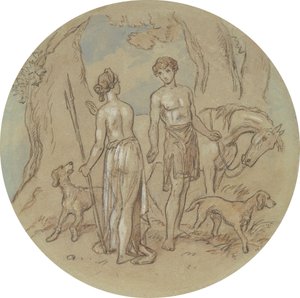 Een van achttien ontwerpen voor een serie platen die Venus en Adonis illustreren door Hablot Knight Browne