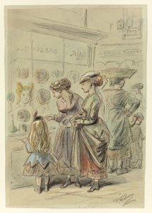 Twee dames en klein meisje voor kapperszaak door Hablot Knight Browne