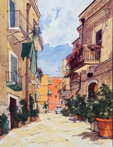 Oude Stad, Bari, Italië, ca. 2024 (aquarel en inkt op papier)