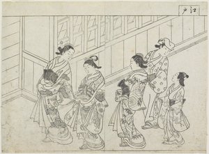 Vijf prostituees voor een huis, vroege jaren 1770 door Hanabusa Shigenobu