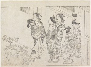 Vijf prostituees in een binnenplaats, vroege jaren 1770 door Hanabusa Shigenobu
