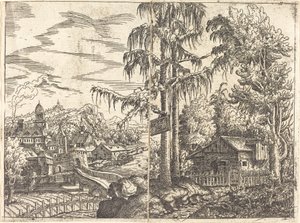 Landschap met Uitzicht op een Boerenhuisje en een Stad bij een Rivier door Hanns Lautensack