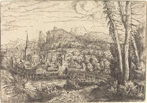 Uitzicht op een stad bij een rivier door Hanns Lautensack