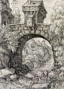 Platteland met brugpoort en water door Hanns Sebald Lautensack