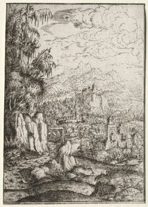 Landschap met een weg naar een kasteel op een eiland in een rivier, 1554 door Hanns Sebald Lautensack