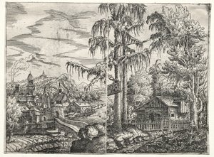 Landschap met de stad aan een rivier en het huisje tussen bomen, 1551 door Hanns Sebald Lautensack