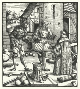 Aartshertog Maximiliaan van Oostenrijk raadpleegt wapensmeden door Hans (after) Burgkmair