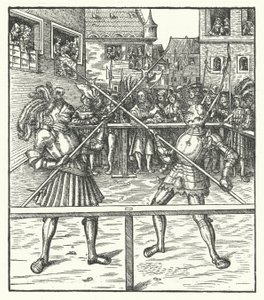 Aartshertog Maximiliaan van Oostenrijk vechtend te voet met een hellebaard (gravure) door Hans (after) Burgkmair
