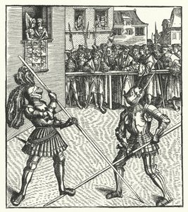 Aartshertog Maximiliaan van Oostenrijk vechtend te voet met een lans door Hans (after) Burgkmair