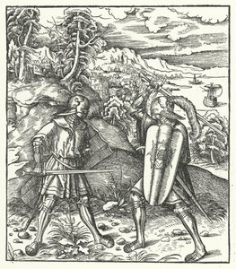 Aartshertog Maximiliaan van Oostenrijk in harnas vechtend met een zwaard (gravure) door Hans (after) Burgkmair