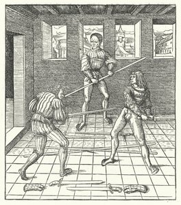 Aartshertog Maximiliaan van Oostenrijk leert de kunst van het schermen door Hans (after) Burgkmair