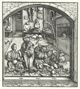 Aartshertog Maximiliaan van Oostenrijk bezoekt een wapensmid door Hans (after) Burgkmair