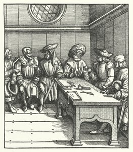 Raad van Vlaamse boeren in opstand tegen het bewind van aartshertog Maximiliaan van Oostenrijk door Hans (after) Burgkmair